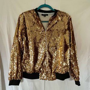 HAOYIHUI Women's Gold Sequin Lightweight Zipper Bomber Jacket (M)